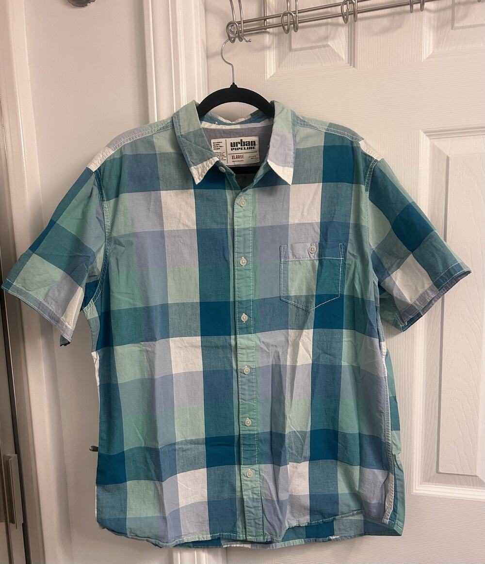 Urban Pipeline Mens XL Blue Green Plaid Short Sleeve Button Up Shirt